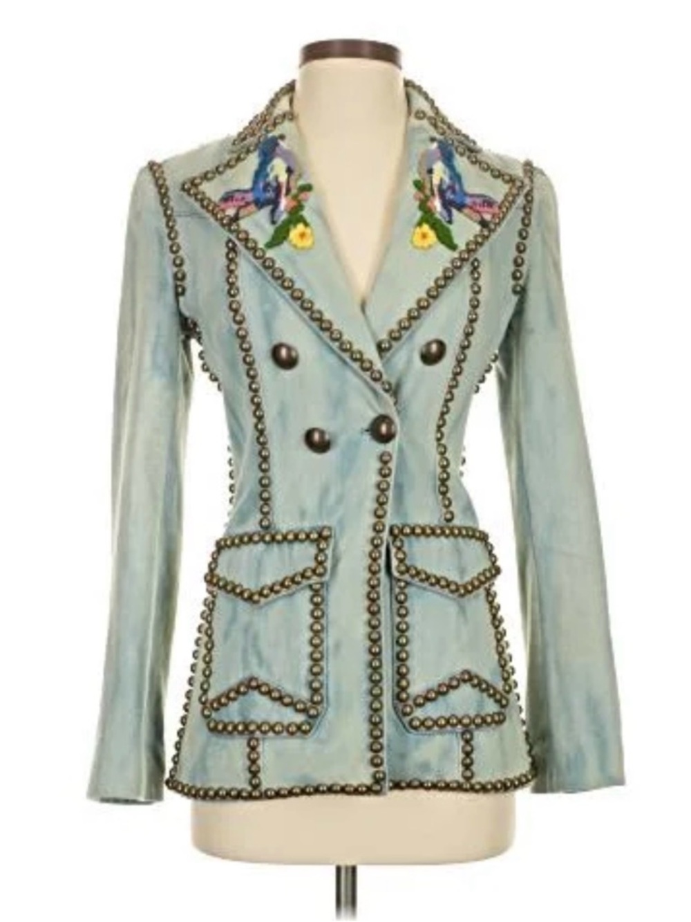 Gucci Pale Blue Studded Embroidered Double-Breasted Blazer